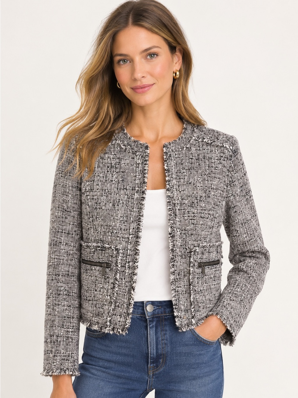 Banana Republic Navy and White Tweed Fringe Moto Jacket